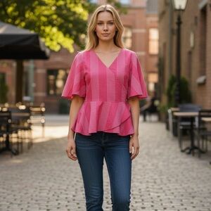 LOFT Petites Wrap Around Bell Sleeves Cotton Peplum Style Top Size SP